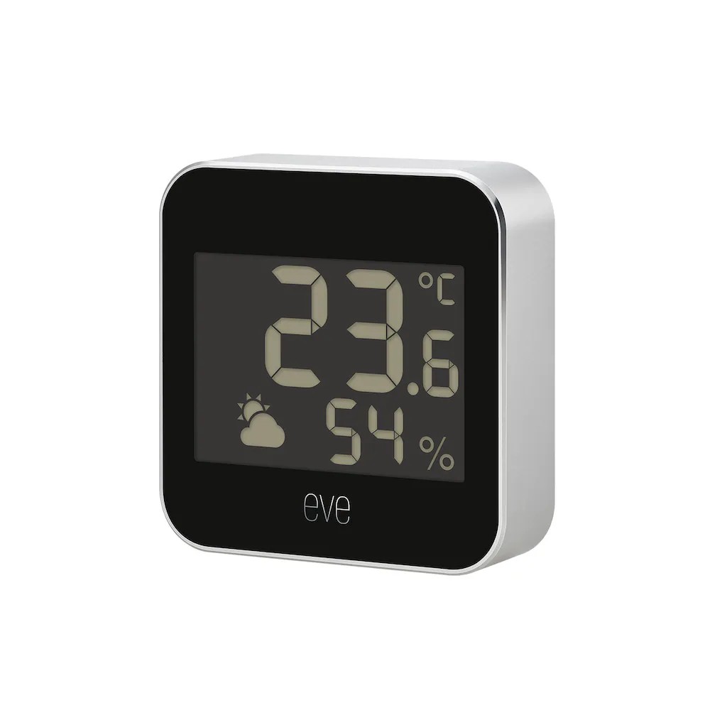 Square weather monitor in sleek black and silver design, displaying temperature (23.6°C) and humidity (54%) with a simple icon for weather conditions.