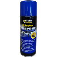 Blue and black can of EVERBUILD All Purpose Silicone Spray with yellow text and blue cap.
