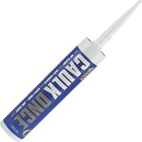 Blue and white Everbuild Caulk Once tube with pointed nozzle and bold lettering.