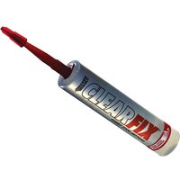 Clear Fix Hybrid Polymer Adhesive tube with red nozzle and bold black and red text on a silver background.