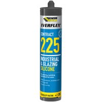 White Everbuild Glazing Silicone 295ml tube with blue and yellow label, black cap, marked "Contract 225 Industrial."
