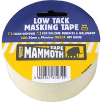 Everbuild Low Tack Masking Tape, off-white, 50mm x 50m, with blue and yellow label, featuring a mammoth logo.