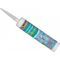 White Everbuild Sika showerproof bathroom silicone tube with blue label and pointed nozzle, 280ml capacity.