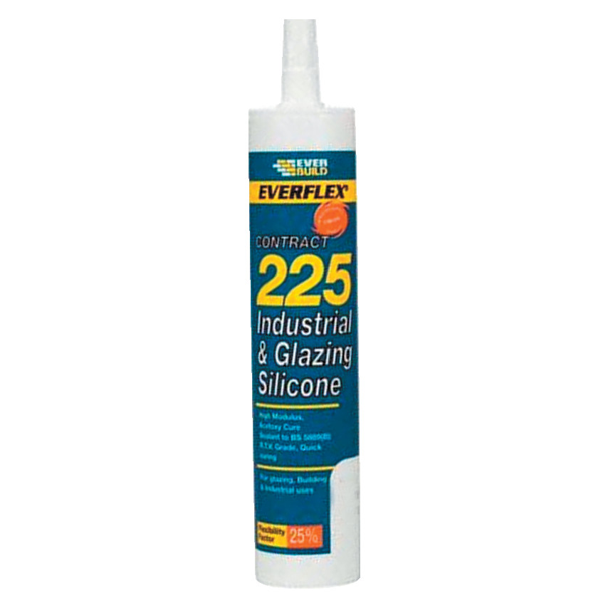 Translucent 310ml tube of Everbuild 225TR Industrial & Glazing Silicone, featuring a blue and white label with product details and a nozzle for easy application.