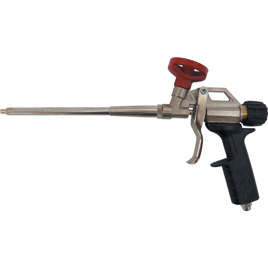 Heavy-duty foam applicator with a black ergonomic handle, metal body, long nozzle, and a red trigger for precise application of foam products.