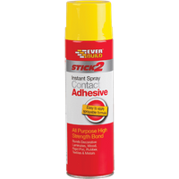 Red and yellow Everbuild Stick2 Contact Adhesive Spray, 500ml can with easy-to-use nozzle and bold branding.