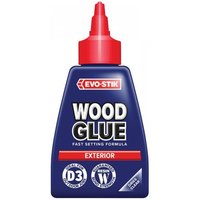 Evo-Stik blue bottle wood glue with red nozzle, labeled "Wood Glue Exterior" and "Fast Setting Formula."