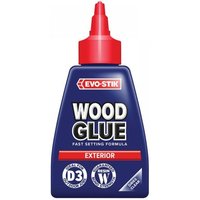 Blue and red Evo-Stik 250ml exterior wood glue bottle with pointed nozzle and fast setting formula label.