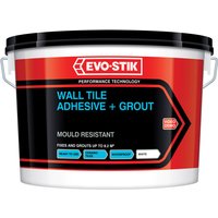 Evo-stik wall tile adhesive and grout, 2.5L tub, red and black label, mould resistant, with carrying handle.