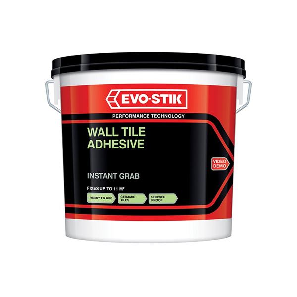 Evo-Stik Instant Grab Wall Tile Adhesive in a 5-litre black and red bucket, featuring a clear label with product details and a performance technology logo.