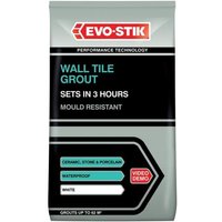Evo-Stik white wall tile grout pack, 1.5Kg, mould resistant, with red logo and black, green, and white design.