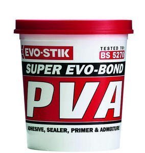 Red and white container of Evo-Stik Evo-Bond PVA Adhesive & Sealer, labeled prominently with "SUPER EVO-BOND" and "PVA," holding 1 liter of adhesive.