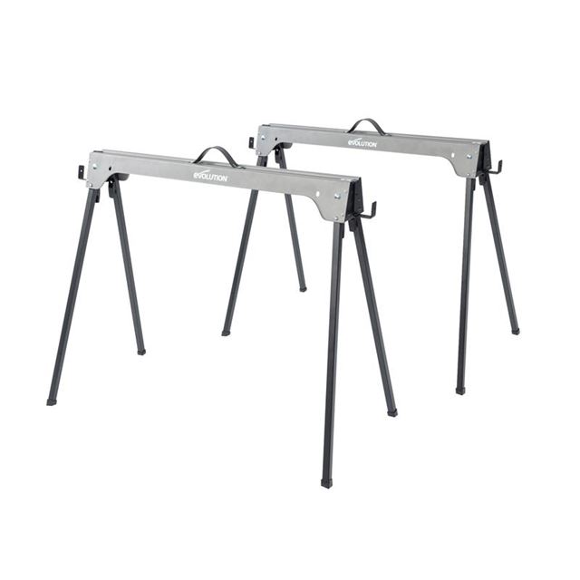 Two folding metal saw horses in a twin-pack, featuring a sturdy grey frame with black legs, designed for stability and easy storage.