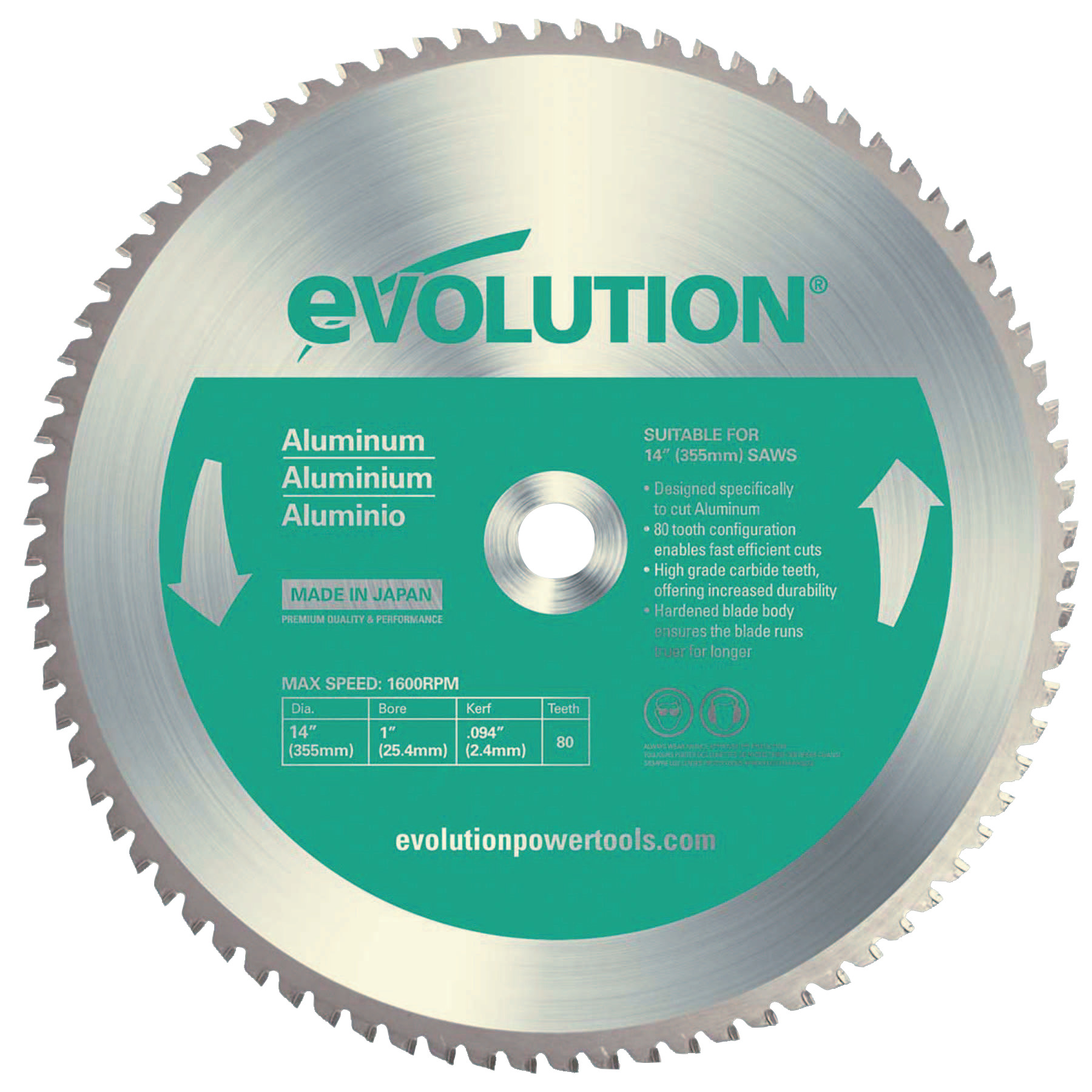 14" aluminum cutting blade with a 1" arbor, featuring a green label, silver teeth, and a maximum speed of 16,000 RPM, designed for cutting aluminum efficiently.