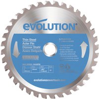 Circular saw blade with silver teeth, blue center label, and Evolution branding for thin steel cutting.
