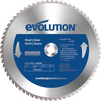 Circular Evolution mild steel cutting saw blade with silver teeth and blue center label detailing specifications.