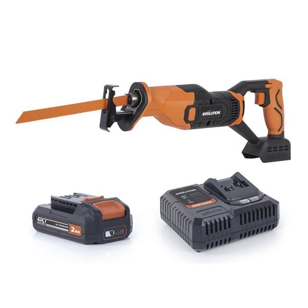 Reciprocating saw in black and orange, featuring an 18-inch blade, ergonomic handle, and includes a battery and charger for cordless operation.