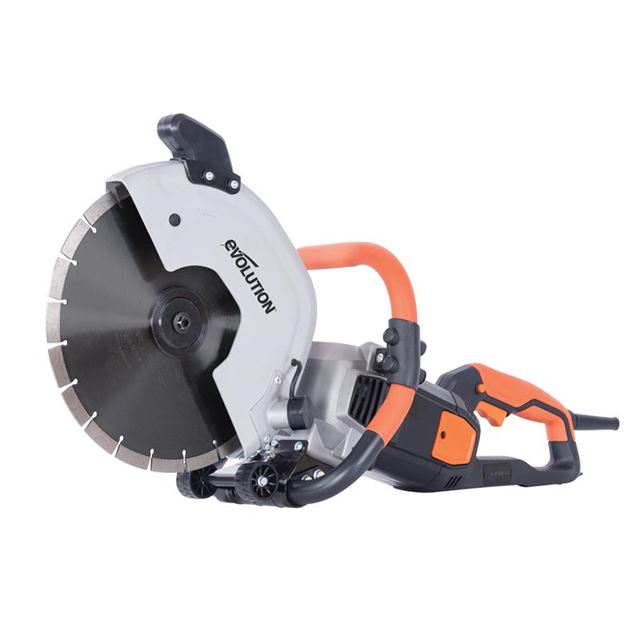 Evolution Power Tools 012-0001 R300DCT features a 300mm disc cutter with a silver blade, orange and black handle, and a robust design for cutting various materials.