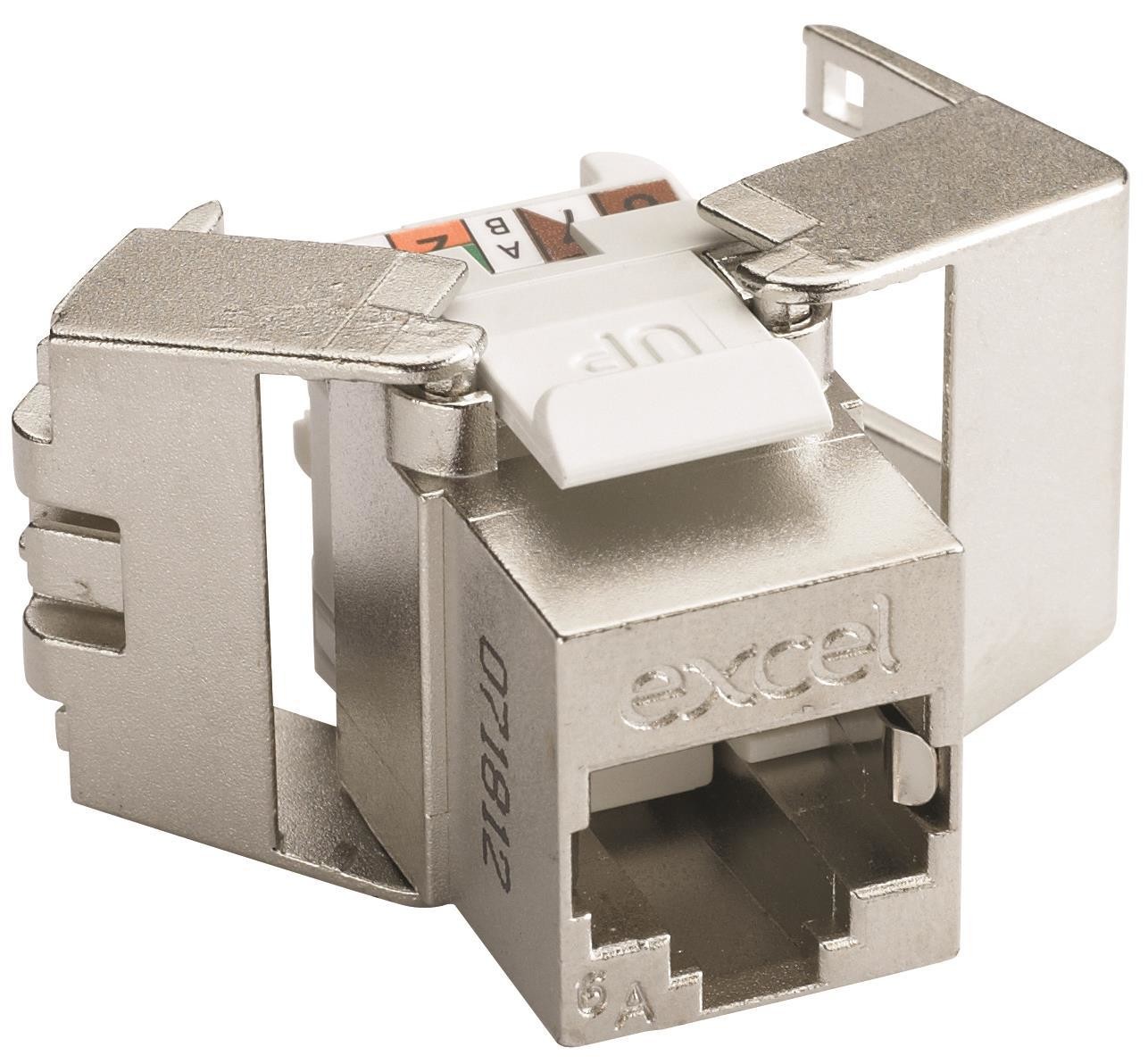 Silver keystone module with a white clip, featuring color-coded wiring slots labeled A and B, designed for network connections.