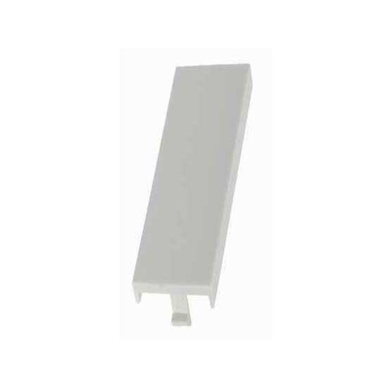 White plastic keystone module accessory with a rectangular shape and a small tab for easy installation, designed for networking applications.