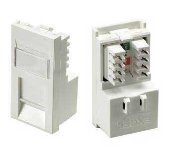 White plastic keystone module accessory featuring a clear label area and six color-coded slots for wiring, designed for network connectivity.