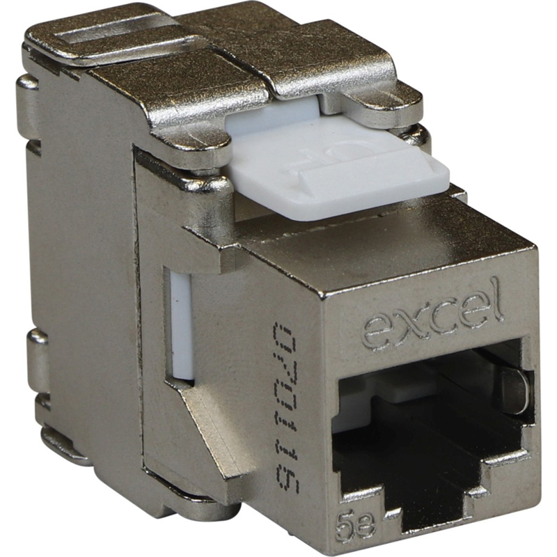 Silver metal CAT.5e toolless keystone jack with a butterfly style design, featuring a white lever and engraved "excel" branding on the side.