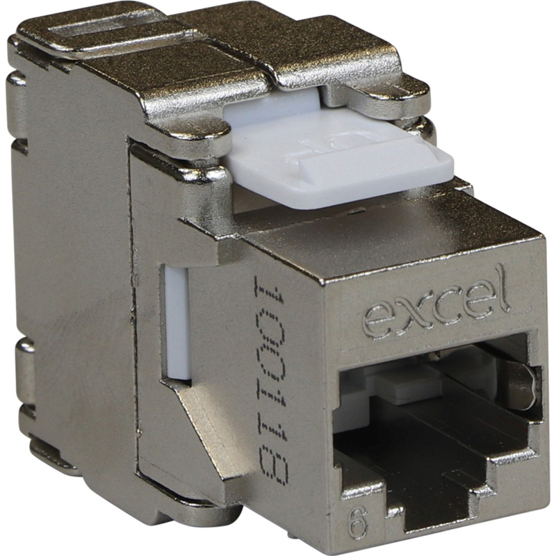 Silver metal toolless keystone jack with a butterfly style design, featuring a white latch and labeled "Excel" with the number "1000" and "Cat.6" on the front.
