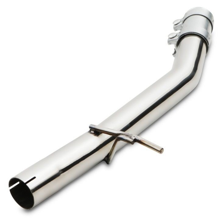 Shiny stainless steel exhaust centre section with a curved design, featuring a polished finish and a clamp for secure attachment, designed for Audi A3 S3 8P 2.0 FSI Quattro models from 2003 to 2008.