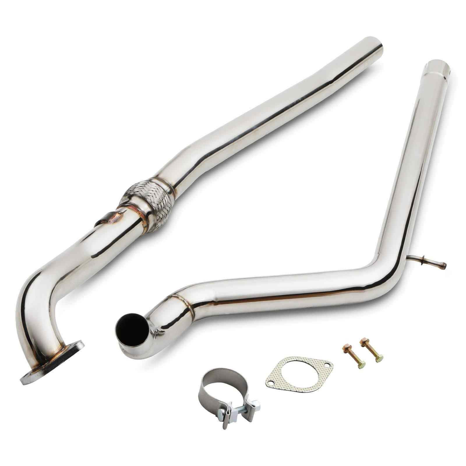 Polished stainless steel exhaust centre section for Fiat 500 1.4 Abarth (08-18), featuring two curved pipes, a catalytic converter, and included mounting hardware.