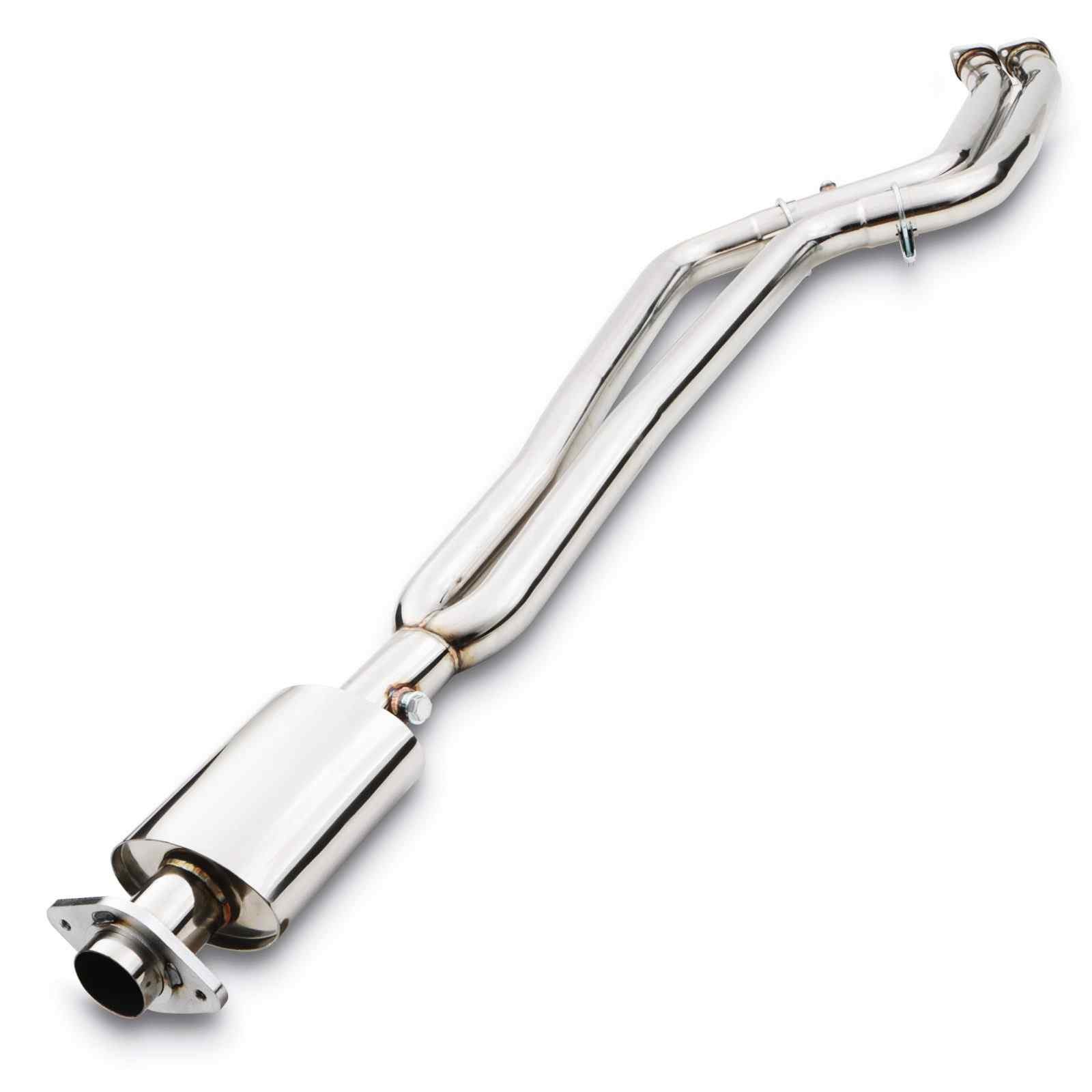 Polished stainless steel exhaust decat centre section for BMW 3 Series E90 E92 325, featuring a sleek design with dual pipes and a single outlet.