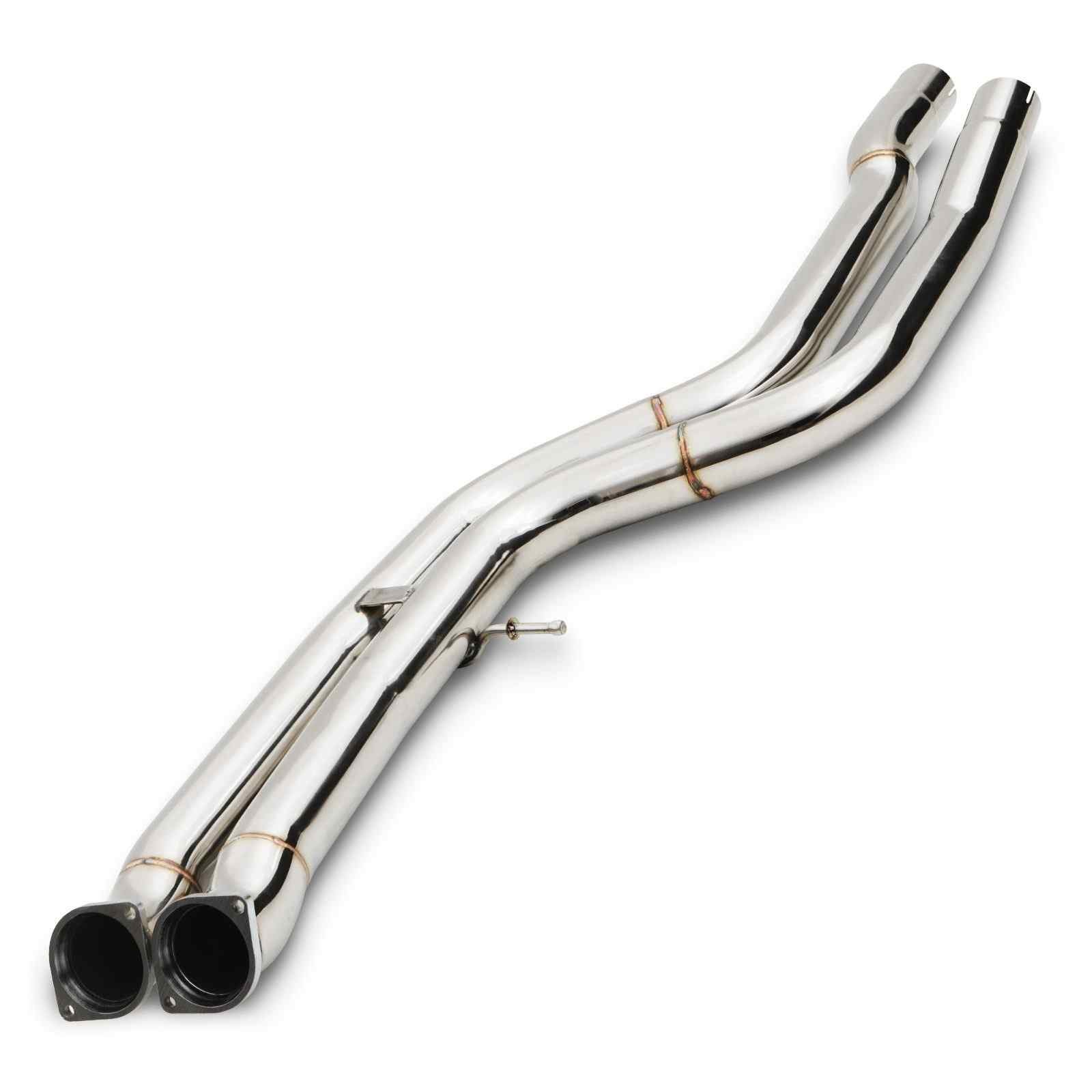 Polished stainless steel exhaust decat downpipes with a smooth, curved design, featuring two outlet ends for BMW 3 Series F80 M3 and 4 Series F82 M4 models from 2014 onwards.