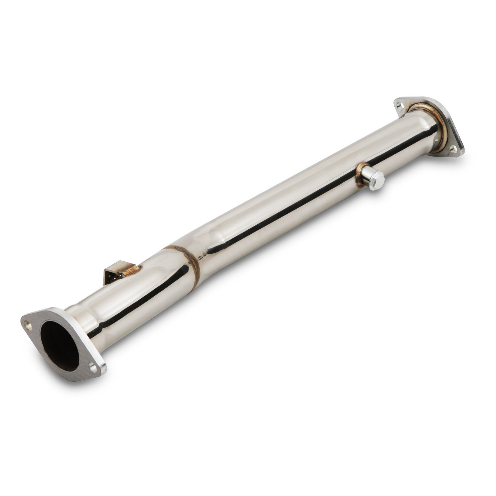 Polished stainless steel exhaust decat pipe for Mitsubishi Lancer Evo 10 X (2007-2016), featuring flanged ends and a sleek, curved design for improved airflow.