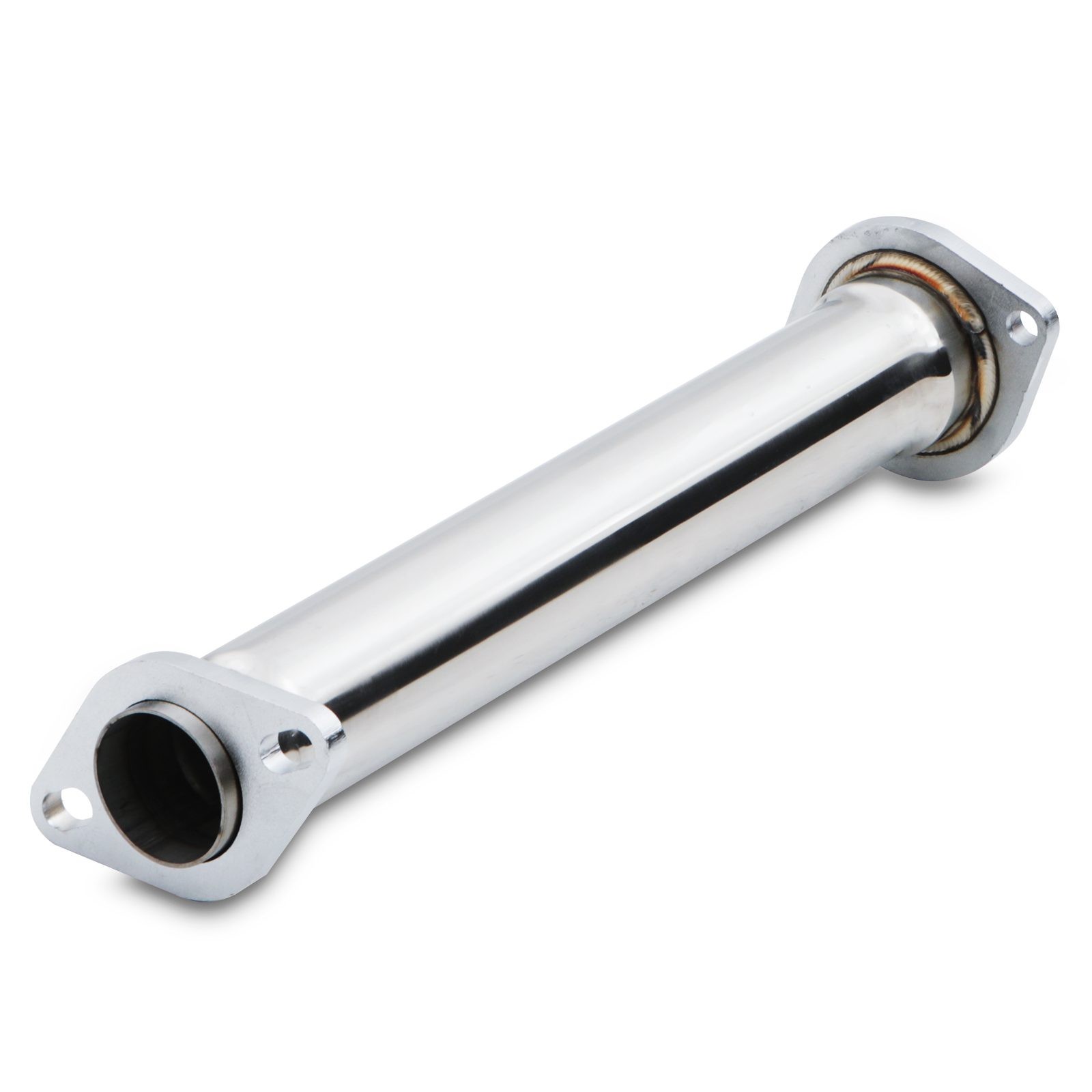 Shiny stainless steel exhaust decat pipe with flanged ends, designed for Toyota Celica ST202 2.0 models from 1993 to 1999.