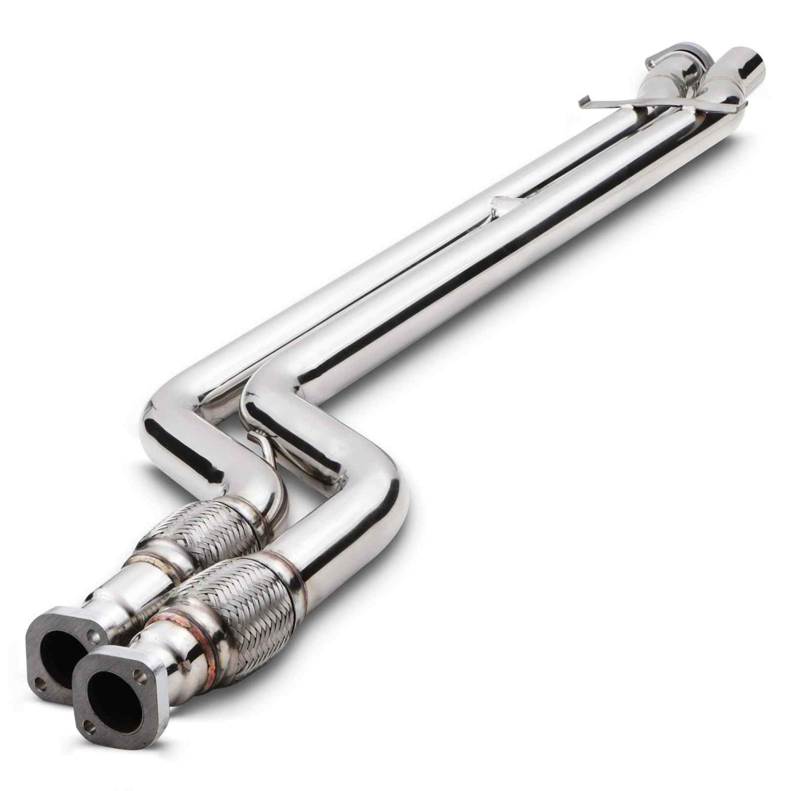 Polished stainless steel exhaust decat pipes designed for BMW 3 Series E36 M3 Evo 3.0/3.2 (1995-1998), featuring dual connectors and a smooth, curved design.