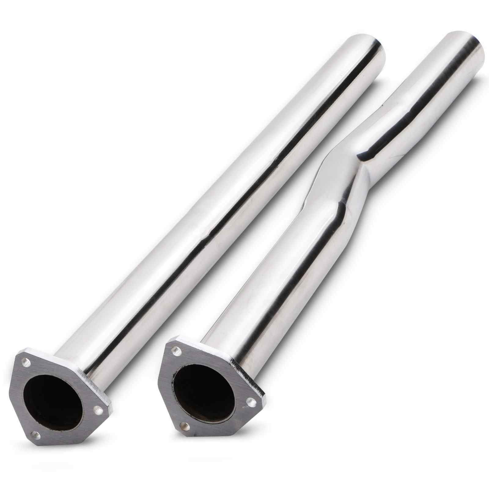 Polished stainless steel secondary decat pipes for Audi RS3 8P (2011-2013), featuring hexagonal flanges and smooth, curved design for enhanced exhaust flow.