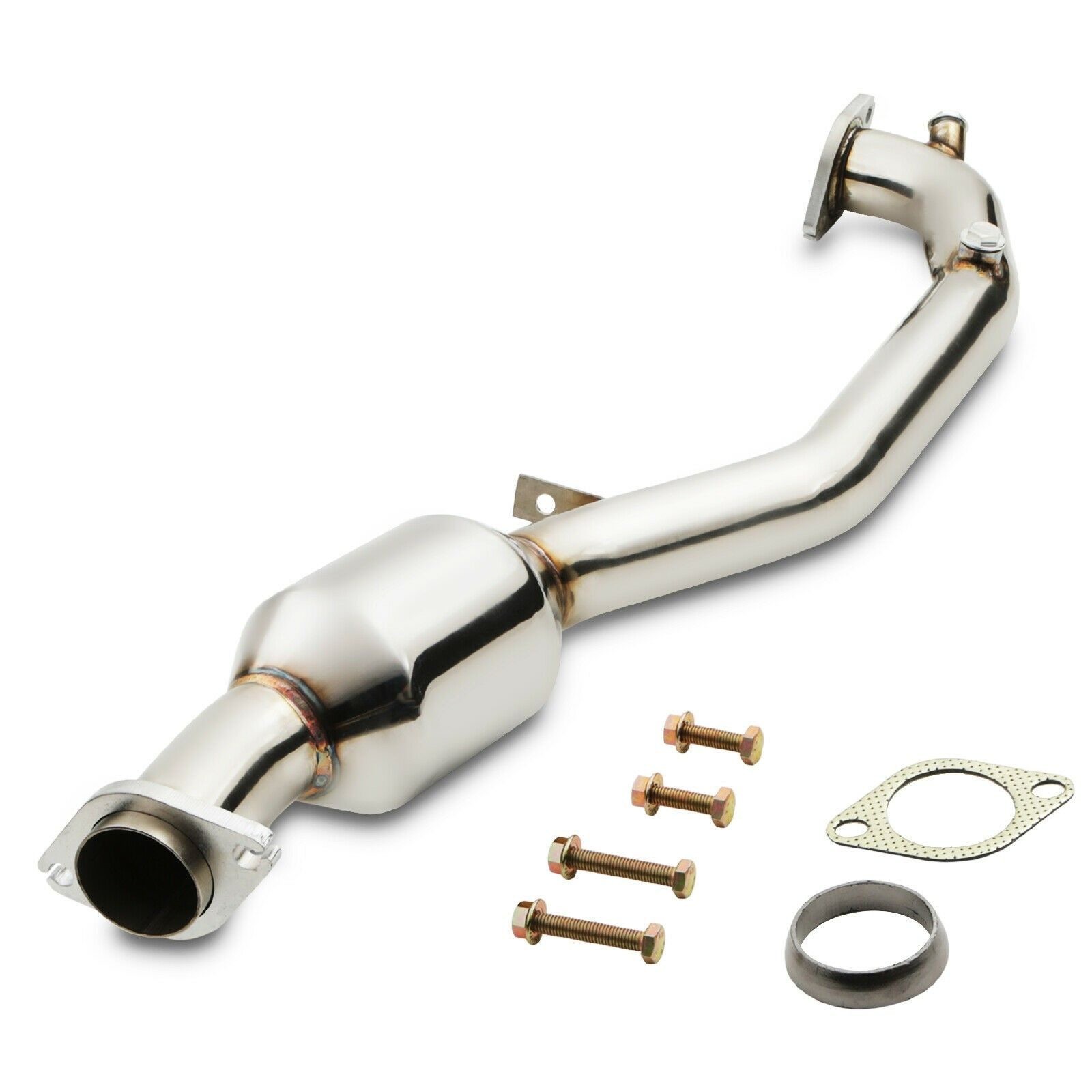 Shiny stainless steel exhaust sports cat centre section with a curved pipe, featuring a catalytic converter, accompanied by bolts, a gasket, and a ring.