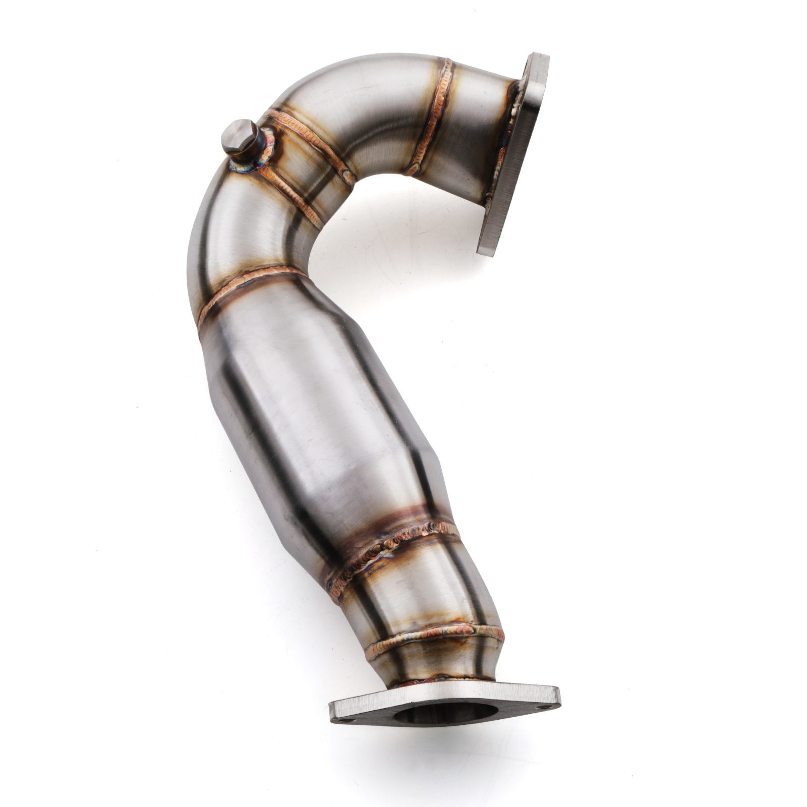 Stainless steel exhaust sports cat downpipe with a curved design, featuring welded seams and flanges for Fiat 500 595 695 Abarth models from 2008 to 2018.