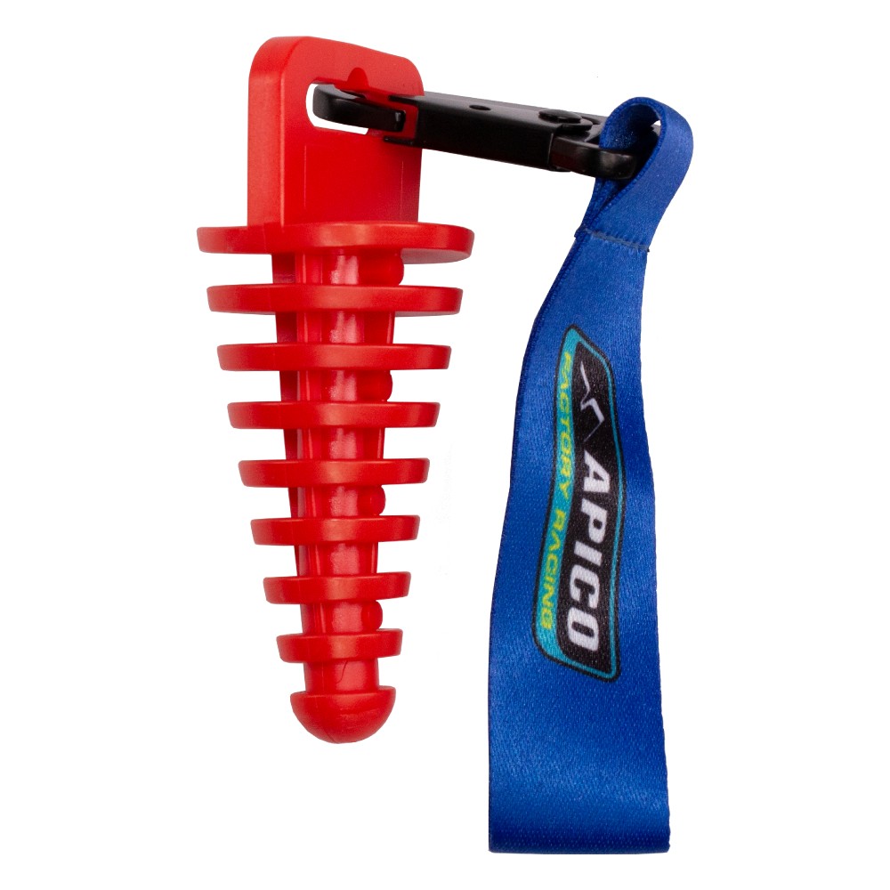 Red plastic exhaust plug with a ribbed design and a blue lanyard featuring the Apico logo, designed for 2-stroke engines.