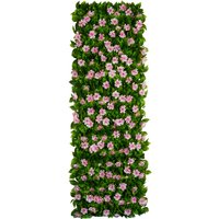 Expanding PVC fence with lush green leaves and pink cherry blossom flowers arranged vertically.