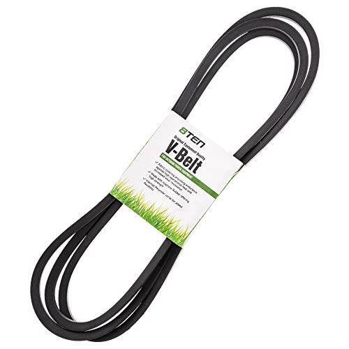 Black rubber V-belt with a smooth surface, labeled "8TEN V-Belt" on a white and green tag, designed for MTD Cub Cadet and Toro lawn mowers, measuring 54 inches.