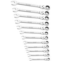Facom 12 piece angled ratchet spanner set, silver, sizes 9-19mm, open-end and ratchet ring combination.