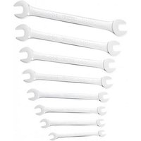 Facom 8-piece open-ended spanner set, silver, sizes 4-19mm, neatly arranged in descending order.