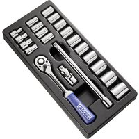 Black tray with 23-piece Facom socket set, includes silver sockets, ratchet, and extension bar with blue handle.