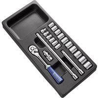 Facom Expert 20 piece 3/8" socket set with ratchet, extension bars, and sockets in a black tray.