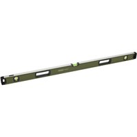 Green Draper Expert box spirit level with handle, 1200mm, featuring three bubble vials and black end caps.
