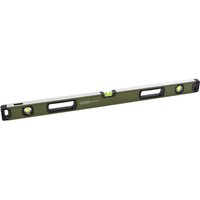 Green Draper Expert box spirit level with black handle, 900mm, featuring three bubble vials for precise leveling.
