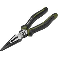 Black and green long nose pliers with high leverage design and ergonomic handles, branded "Expert" on the grip.