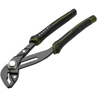 Black and green Draper Expert water pump pliers, 250mm, with quick release mechanism and ergonomic handles.