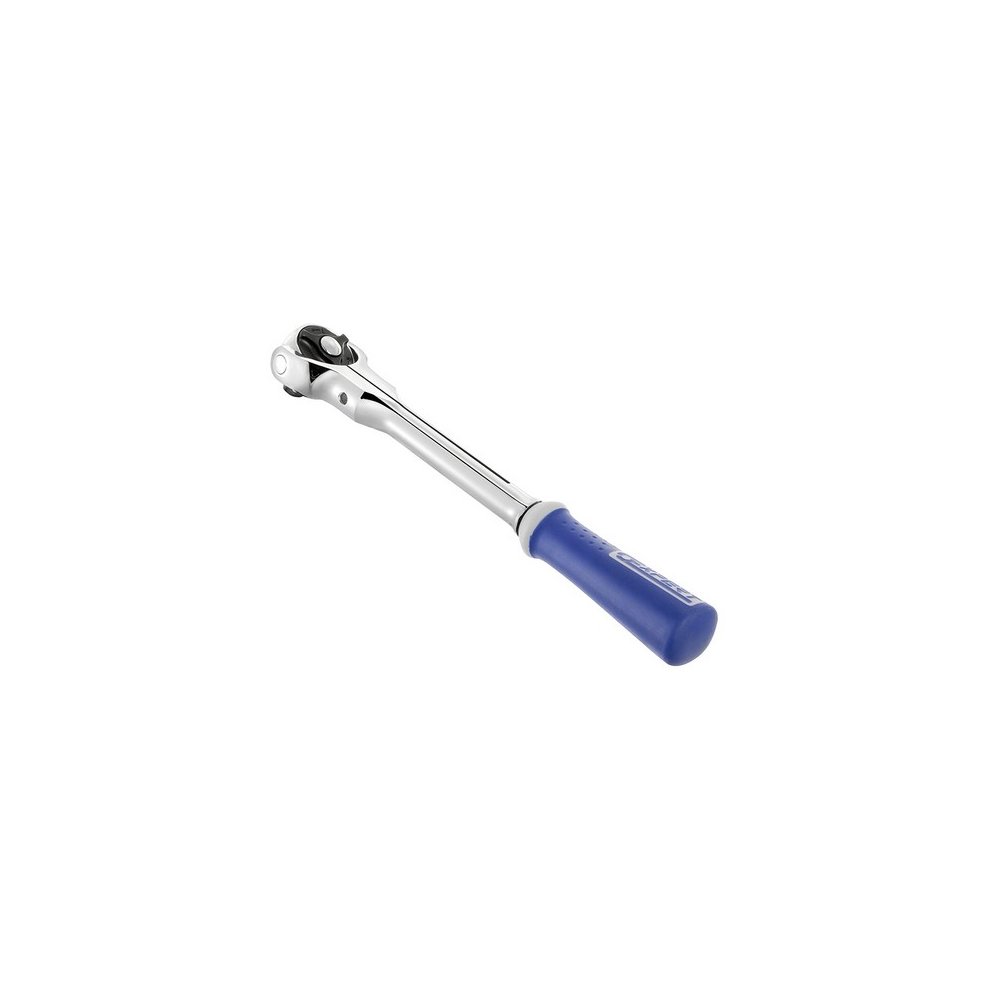 Chrome-finished swivel head reversible ratchet with a 1/4-inch drive and a blue rubber grip handle for enhanced comfort and control.