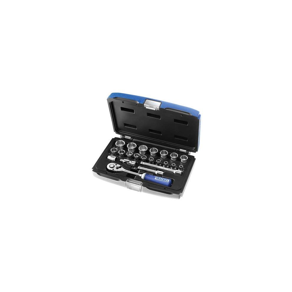 22-piece metric bi-hex socket set in a black and blue plastic case, featuring chrome vanadium sockets and a ratchet handle with a textured grip.